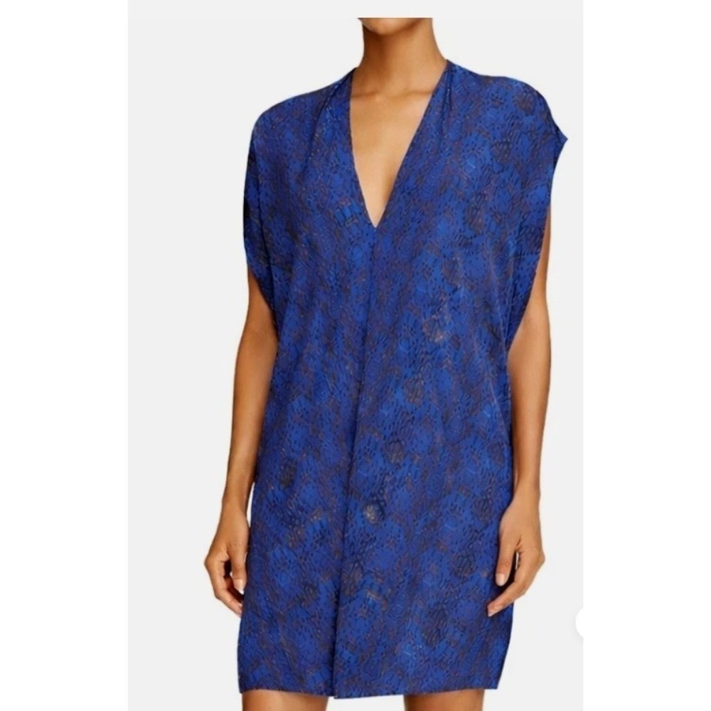 Vince Cobalt Blue Geometric Print 100% Silk Double V Neck Shift Dress XXS Resort